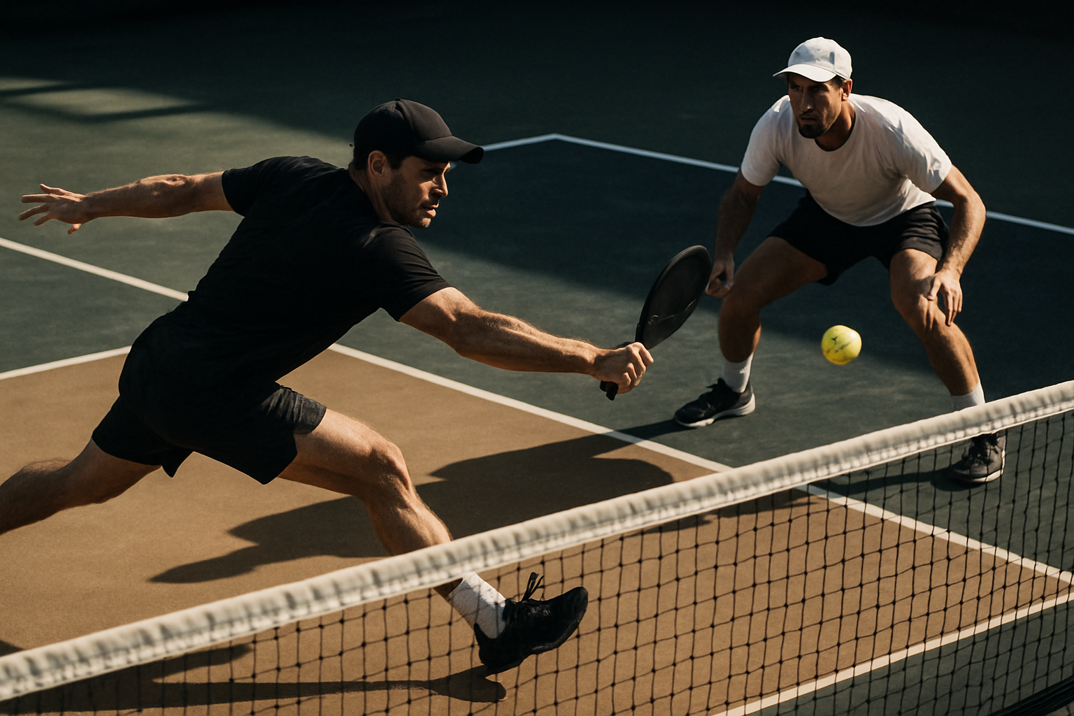 pickleball game thats very intense and has as its main colors black white tan and navy green and features two people