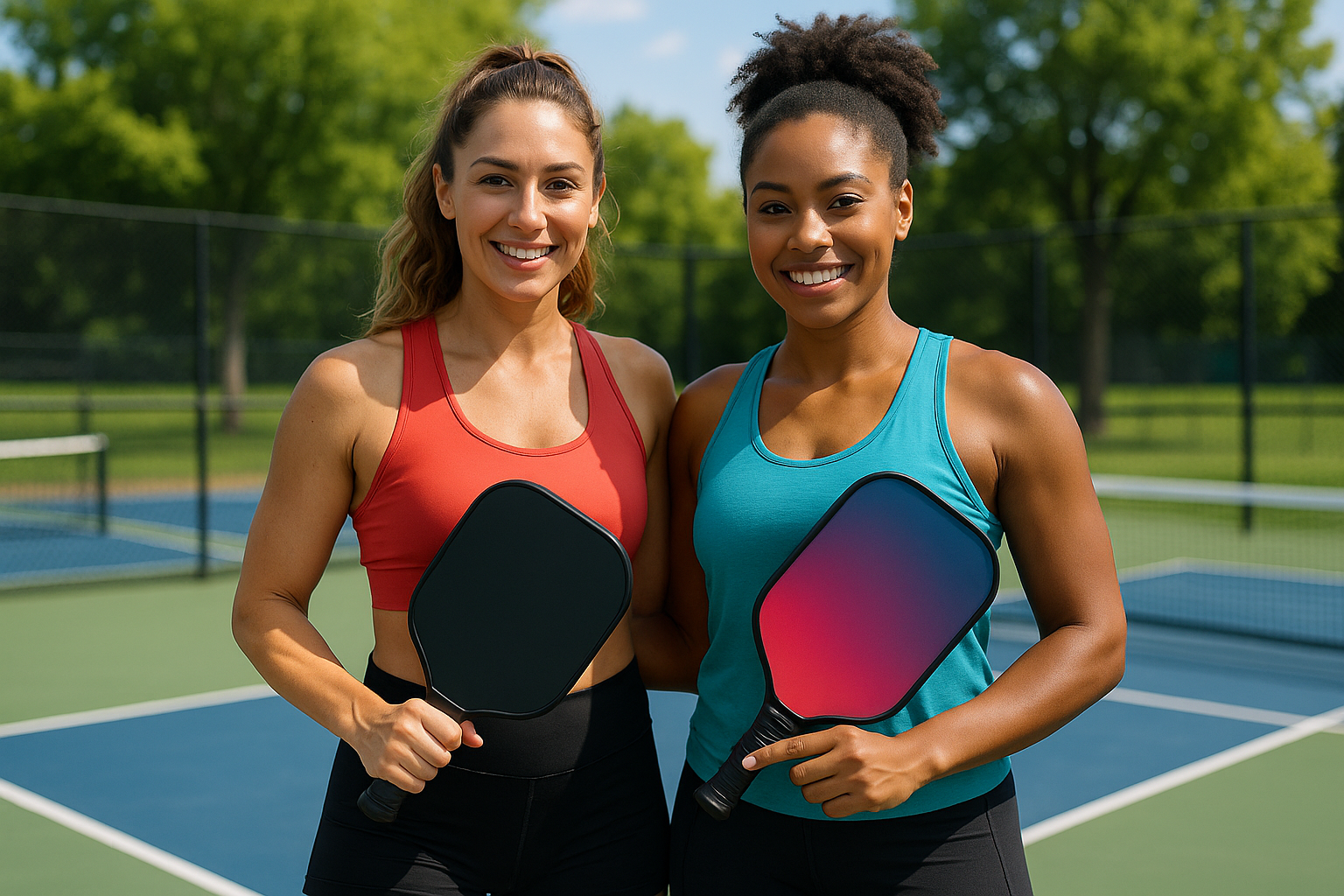 two confident beautiful fit women holding pickleball paddles looking at the camera